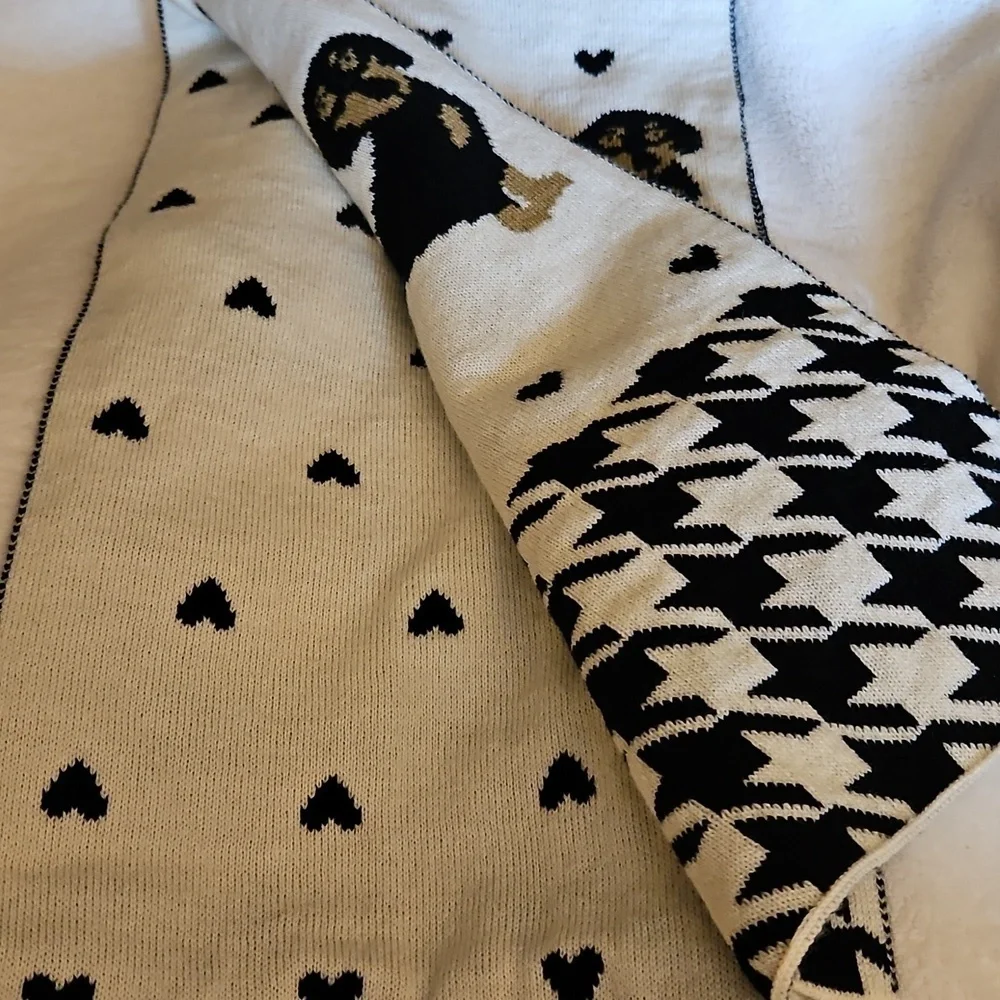 BARK Houndstooth Hearts Dachshund Knit Scarf and Black Beanie Set